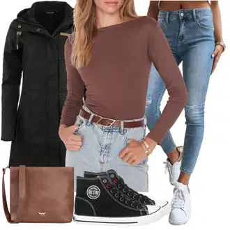 Sportski Outfit sa Plava/Svjetloplava Kožne jakne/Traperice s Prorezom/Traperice s Rupom/Čizma do Gležnja/High Waist Traperice dstreet "Jesenski outfiti"Look: Sportski, Trendi, Ležerno