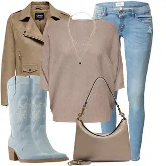 Outfit sa Bež/Smeđa Kožna Jakna/Vintage Jakna/Bajkerska Jakna/Jakna od Umjetne Kože/Motociklistička jakna/Kratka Jakna/Jakna s Patentnim Zatvaračem sa strane/Crop Jakna/Vintage Kožna Jakna Only "Jesenski outfiti"