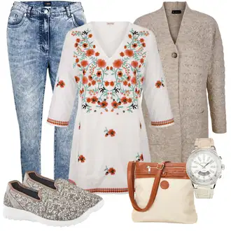 Outfity z džínu Rovná noha s Šedá/Béžová Dlouhý Svetr/Svetr Niki "Módní vzhled na podzim"