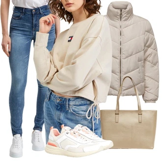 Outfit s Modrá Ko?ená bunda/High Waist D?ínové Kalhoty/D?íny s Nízkým Sedem/Push up D?ín/Slim Fit D?íny/Navlékací d?íny/Ko?ené Boty Guess "Módní vzhled na podzim"