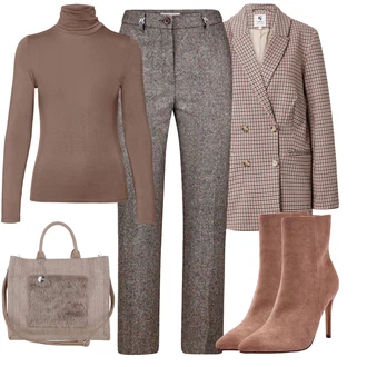 Outfit s Fialová/Hnědá/Béžová/Růžová Kostkované Sako/Boyfriend Sako/Kožená bunda pro muže/Oversize Sako/Elegantní Sako/Kožená bunda/Dvojřadový Sako/Tvídové Sako GARCIA "Módní vzhled na podzim"