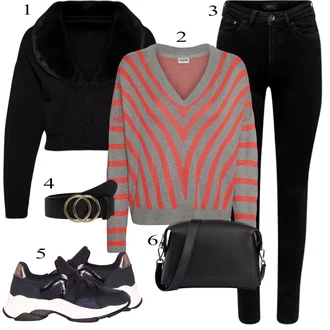 Outfit s Červená/Vícebarevný Kardigan Svetr s podšívkou/Kardigán s výstřihem do V/Vintage svetr/Kašmírový kardigán/Vlněný kardigán Noisy may "Outfit na podzim"
