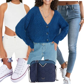 Sportovní Outfit s Světle modrá/Modrá High Waist Džínové Kalhoty/Džíny s Dírou/Kotníková Bota/Kožené bundy/Džíny s Rozparkem dstreet "Outfit na podzim"Look: Trendový, Ležérní, Sportovní