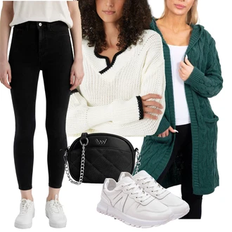 Outfit s Vínová/Bílá/Černá/Hnědá/Tmavě červená Kožená bunda/Kotníková Bota/Džíny s Rozparkem/Zkrácené Džíny/Kožené Boty/Motorkářské Džíny/Push up Džín/Dámské Džíny s Délkou 7/8/Kožená Pánská Bund/Termální Džíny DeFacto "Outfit na podzim"