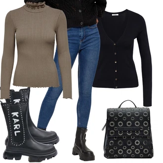 Outfit s Černá/Tyrkysový Klasická kozačka/Gumová Kotníková Bota/Motorkářská bota/Kožená bunda/Motorkářská Bota/Holínky/Kozačka se zipem/Chelsea Boty/Ovčí Kožešinová Bota karl lagerfeld "Outfit na podzim"