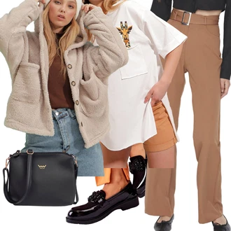 Outfit s Hnědá/Bílá/Béžová/Krémová Tričko s krátkým rukávem/Košile s potiskem/Tričko s potiskem/Tričko nadměrné velikosti/Dlouhá košile/Fancy tričko trend alaçatı stili "Outfit na podzim"