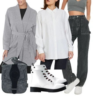 Outfit s Fialová/Světle šedá/Hnědá/Tmavě zelená/Zelená Dad Džíny/Cargo džíny/Džíny Volného Střihu/Mom Jean/Džín s Širokou Nohavicí/Kožená bunda/Kožená Pánská Bund Trendyol "Outfit na podzim"