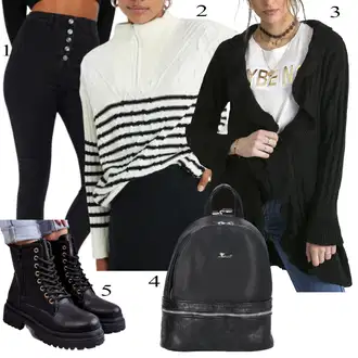Outfit sa Crna/Smeđa Ženske Traperice 7/8 Dužine/High Waist Traperice/Čizma do Gležnja/Kožna Jakna/Skraćene Traperice/Traperice s Rupom/Traperice s Prorezom Trendyol "Jesenski outfiti"