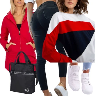 Outfit s Červená/Vícebarevný/Krémová/Bílá Sportovní Mikina/Dámský Svetr/Kožená bunda/Fleecová Mikina fashionhunters "Perfekt na podzim"