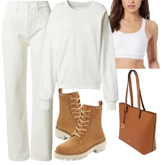 Outfit s Khaki/Krémová/Bílá Boyfriend Kalhoty/Manšestrové Lacláč/Manšestrové Kalhoty/Kalhoty s nášivkou uprostřed/Kalhoty s Vysokým Pasem/Kalhoty se Štěrbinou/Twillová Kalhoty/Kalhoty s dírou/Mušelínové kalhoty/Rovná Kalhoty rÆre by lorena rae "Perfekt na podzim"