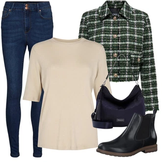 Ležérní Outfit s Tmavě modrá/Modrá/Světle modrá Jeggings/Džínové Legíny VERO MODA "Perfekt na podzim"Look: Styl, Ležérní, Klasické, Cool, Krásný, Old Money, Bezešvé, Skromné