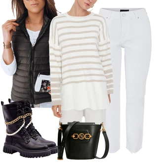 Outfit s Šedá/Světle modrá/Krémová/Bílá Mom Jean/Zkrácené Džíny/Slim Fit Džíny/High Waist Džínové Kalhoty/Zužující se Džíny/Kotníková Bota/Džíny s Rozparkem/Dámské Džíny s Délkou 7/8/Girlfriend Džíny/Kožené Boty/Kožená bunda/Dad Džíny/Džíny Regular Fit/Rovná Džína Pieces "Perfekt na podzim"