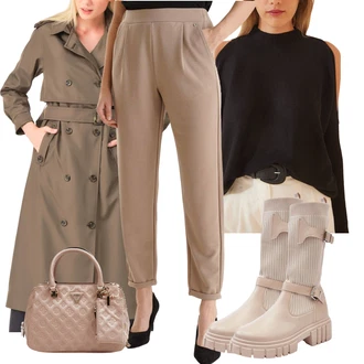 Outfit s Fialová/Bílá/Hnědá/Růžová/Černá Zavinovací svetr/Kardigán se stojatým límečkem/Krátký svetr/Kardigán s kulatým výstřihem/Pončo/Pletené Pončo happiness İstanbul "Perfekt na podzim"