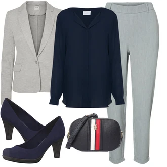 Outfit s Šedá/Světle modrá/Modrá/Světle šedá 3/4 Kalhoty/Kalhoty s nášivkou uprostřed/7/8 Kalhoty/Úzká Kalhoty/Navlékací Kalhoty/Bengaline Kalhoty/Mušelínové kalhoty VERO MODA "Perfekt na podzim Perfekt na podzim"