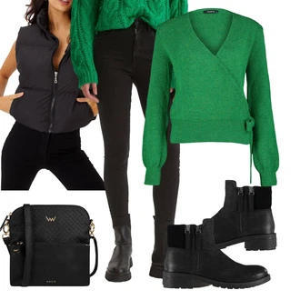 Outfit s Černá/Zelená/Tmavě Zelená Kožená bunda/Termální Džíny/Zimní bunda/Džíny s Rozparkem/Motorkářské Džíny/Kožené Boty top secret "Perfekt na podzim"