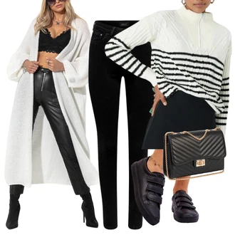 Outfit s Krémová/Bílá/Šedá/Béžová Kardigan Zavinovací svetr/Zimní svetr/Dlouhé Kardigany/Svetr s podšívkou/Kašmírový kardigán/Svetr kroj/Svetr boucle Fobya, Bílá/Černá/Oranžová Kardigan Vintage svetr/Kardigán se stojatým límečkem/Krátký svetr/Svetr s podšívkou/Svetr boucle Trendyol "Perfekt na podzim"