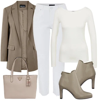 Outfit s Šedá/Světle modrá/Krémová/Bílá Mom Jean/Zkrácené Džíny/Slim Fit Džíny/High Waist Džínové Kalhoty/Zužující se Džíny/Kotníková Bota/Džíny s Rozparkem/Dámské Džíny s Délkou 7/8/Girlfriend Džíny/Kožené Boty/Kožená bunda/Dad Džíny/Džíny Regular Fit/Rovná Džína Pieces "Perfekt na podzim"