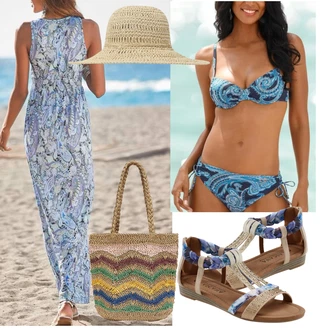 Outfit s Světle modrá/Modrá/Tmavě modrá Plavky Tankiny bandeau/Plavka/Spodní díl bikin/Bikiny - Spodní Díl/Plavecký šortky/Balconette-bikini/Zavinovací bikini/Provázkové bikini Lascana, Modrá/Tmavě modrá Plavky Bikiny s volánky/Bandeau Bikin/Push-up bikini/Brazilské bikini/Plavky bandeau/Bandeau vršek bikin Lascana "Plážový outfit"