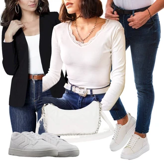 3/4 Rukáv Outfit s Bílá/Béžová/Zelená/Fialová/Hnědá Krajková Halenka/Kožená bunda pro muže/Halenka s Dlouhým Rukávem/Carmen Blůza/Blůza s Bubi límečkem/Neobvyklá Halenka/Halenkové Body/Elegantní Halenka/Slip-on Halenka olalook "Podzimní Look"