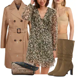 Outfit s Zelená/Hnědá/Tmavě zelená Šifonové Šaty/Zavinovací Šaty/Halenkové Šaty/Šaty s dlouhým rukávem/Šaty S Potiskem/Šaty na Podzim VERO MODA "Podzimní outfit na večírky"