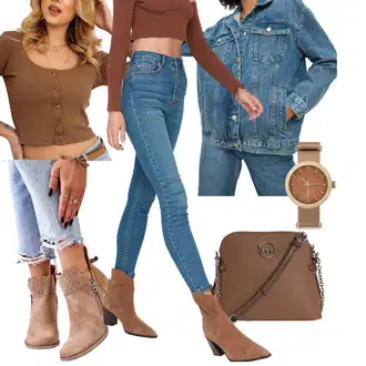 Outfit s Hnědá/Tmavě modrá/Modrá/Zelená Kožená bunda/Navlékací džíny/Push up Džín/Kožená Pánská Bund/Mom Jean/Džín s Nízkým Pasem/Džíny s Rozparkem/Džíny s Nízkým Sedem/High Waist Džínové Kalhoty Trendyol "Podzimní outfit na večírky"