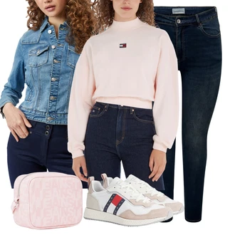 Outfit s Béžová/Krémová/Bílá Bota Vintage teniska/Teniska teddy/Úzká teniska/Kožené tenisky/Nízká Teniska/Letní tenisky Tommy Jeans "podzimní outfit pro každý den"