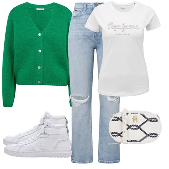 Outfit s Bílá/Krémová/Tmavě modrá Taška Přes Rameno/Malá Taška/Pletená taška/Kosmetická Taštička/Pásková taška/Ledvinka/Bagetová taška Tommy Hilfiger "podzimní outfit pro každý den"