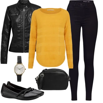 S podšívkou Outfit s Černá/Tmavě modrá Motorkářské Džíny/High Waist Džínové Kalhoty/Push up Džín/Kožená bunda/Kožené Boty/Termální Džíny/Zimní bunda Noisy may "podzimní outfit pro každý den"