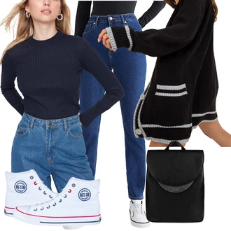 Outfit s Modrá/Tmavě modrá Sportovní boty/Pánské tričko/Rovná Džína/Zimní bunda/Dad Džíny/Sweat Džíny/Džíny Regular Fit/Kožená Pánská Bund/Termální Džíny/Mom Jean/Zužující se Džíny/High Waist Džínové Kalhoty Tommy Hilfiger "podzimní outfit pro každý den"