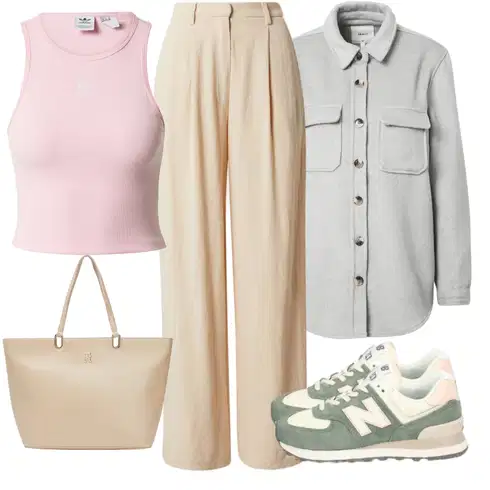 Kombinace Béžová/Oranžová/Hnědá/Khaki Plisovaná kalhoty/Kalhoty s Vysokým Pasem/Lněné Kalhoty/Marlene Kalhoty/Palazzo Kalhoty/Tradiční Kalhoty/Široká Kalhoty/Kalhoty s nášivkou uprostřed/Kalhoty se Štěrbinou/Mušelínové kalhoty Leger by Lena Gercke kombinovat s Šedá/Světle šedá Košilová Bunda/Vlněná Bund/Udržitelná Bunda/Manšestrová Bunda Object