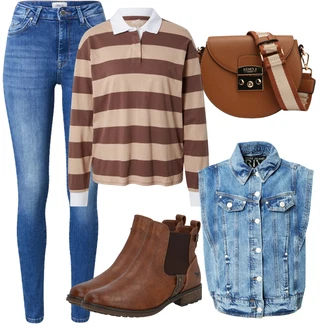 Polo-límec Outfit s Béžová/Hnědá Dlouhá košile/Pruhované Tričko Hollister "Podzimní outfit v teplých barvách"