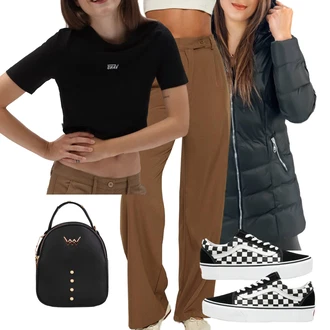 Outfit s Krémová/Černá/Béžová/Zelená/Bílá Plátěná Teniska/Letní Tenisky/Nízká Teniska/Úzká Teniska/Teniska s dírkovaným vzorem/Skate Bota Vans "Podzimní večerní outfit"
