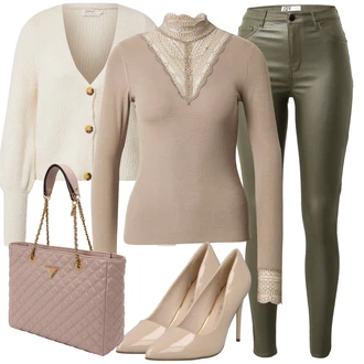 Zakrpe Outfit sa Tamnozelena/Kaki Kožna Jakna/Bikerske Traperice/High Waist Traperice/Termo Traperice/Traperice s Prorezom JdY "Poslovni look"