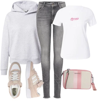 Outfity z džínu Mom Posilování s Šedá/Světle šedá Svetr S Kapucí/Pletená mikina s kapucí/Sportovní mikina/Vintage mikina/Originální mikina/Sportovní mikina "Sportovní podzimní outfit"Look: Hip Hop, Mom, Skater, Sportovní, Unisex, Univerzitní, Atletika, Posilování