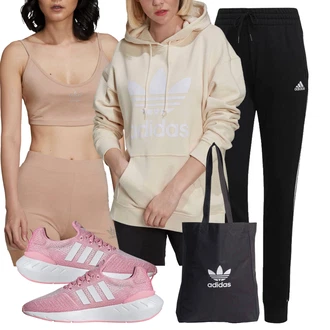 Outfit s Černá Adidas, Hnědá/Béžová Krátký top/Krátký Top/Bustierový Top/Tílko s ořezem Adidas, Pastelové barvy Mikina Adidas, Černá Shopper taška/Taška/Pánská taška/Látková taška/Bavlněná taška/Taška Na Rameno Adidas, Pastelové barvy/Béžová Adidas "Sportovní podzimní outfit"