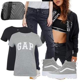 Outfit s Šedá/Světle šedá Teniska teddy/Úzká Teniska/Zimní Tenisky/Teniska na platformě/Tenisky s Bočním Zipem/Plátěná Teniska Vans "Sportovní podzimní outfit"