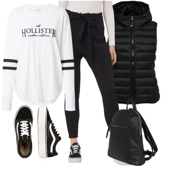 Outfit s Černá Střmenová Kalhoty/Paperbag Kalhoty/Kalhoty s Vysokým Pasem/Pletený Legín VERO MODA "Sportovní podzimní outfit"