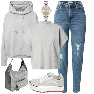 Nadrozměrné Outfit s Šedá/Světle šedá Dámský Svetr/Svetr s kapucí/Vintage mikina/Svetr S Kapucí/Unisex Mikina S Kapucí/Sportovní mikina/Originální mikina/Oversize mikina Nike Sportswear "Sportovní podzimní outfit"Look: Hip Hop, Pro Dům, Nadrozměrné, Skater, Sportovní, Unisex, Univerzitní