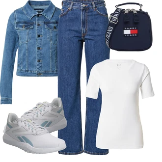 Outfit s Modrá/Světle modrá Kalhoty Bootcut/Boyfriend Kalhoty/Tesařská kalhoty/Lacláč/Kalhoty s Vysokým Pasem/Kalhoty se Štěrbinou/Rovná Kalhoty/Široká Kalhoty monki "Sportovní podzimní outfit"