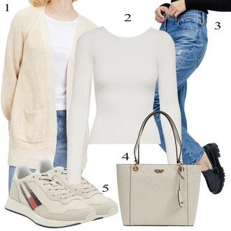 Outfit s Béžová/Hnědá/Khaki Obchodní Taška/Taška/Sportovní Taška Přes Rameno/Taška Na Rameno/Shopper taška/Kancelářská Taška Guess "Outfit na podzim"