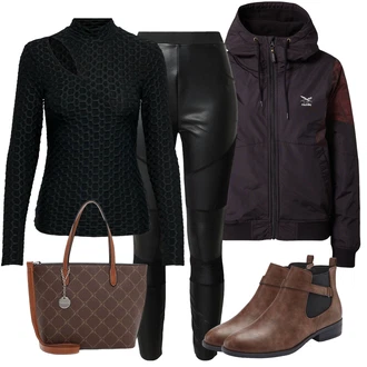 Moderní Outfit s Bílá/Černá Kožený legíny/Legíny Kožený Vzhled/Kalhoty z Umělé Kůže/Kožená Kalhoty About You "Trendový podzimní outfit"Look: Francouzské, Moderní, Venkovní, Techno, S Mokrým Vzhledem