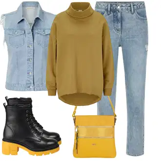 Outfity z džínu Rovná noha s Modrá Džínová vesta "Trendový podzimní outfit"