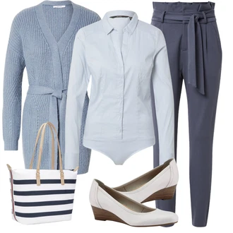 Elegantní Outfit s Šedá/Modrá/Tmavě modrá Jogger Kalhoty/Boyfriend Kalhoty/Paperbag Kalhoty/Mušelínové kalhoty/Ležérní Kalhoty VERO MODA "Trendový podzimní outfit"Look: Rad, Emo, Cool, Elegantní, Old Money, Venkovní, Chytrý příležitostný