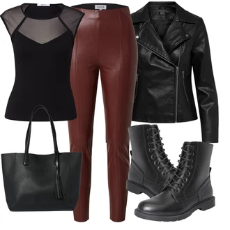 Outfit s Červená/Hnědá/Vínová/Tmavě červená Kožený legíny/Legíny Kožený Vzhled/Kalhoty z Umělé Kůže/Kožená Kalhoty Edited "Trendový podzimní outfit"
