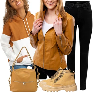 Outfit s Béžová/Žlutá/Hnědá Teniska Zimní Tenisky/Trekingová Bota/Teniska teddy/Šněrovací Kozačka na Platformě/Teniska na platformě/Chunky Tenisky Big Star "Trendový podzimní outfit"