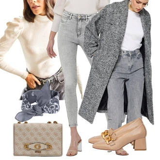 Outfit s Fialová/Bílá/Hnědá Halenka s Nafouknutým Rukávem olalook "Trendový podzimní outfit"