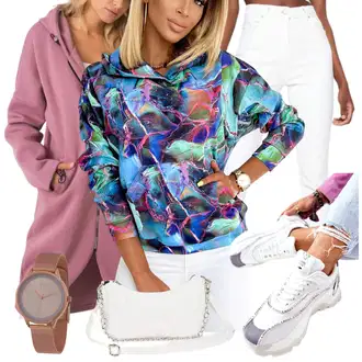 Jízda na koni Outfit s Fialová/Růžová Mikina/Mikina na zip oversized/Kožená bunda/Pletená mikina s kapucí/Originální mikina rue paris "Trendový podzimní outfit"Look: Jízda na koni, Na Procházku, Volný čas