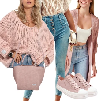 Outfit s Růžová Pončo & Kimono Pletené pončo/Kardigán s výstřihem do V/Kardigán s kulatým výstřihem/Krátký svetr/Vintage svetr/Zimní svetr/Letní svetr/Svetr s podšívkou/Svetr boucle Fobya "Trendový podzimní outfit"