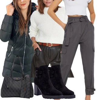 Outfit s Pončo & Kimono Pletené pončo/Svetr boucle/Krátký svetr/Kardigán s kulatým výstřihem/Kardigán se stojatým límečkem Trendyol "Vkusný podzimní outfit"
