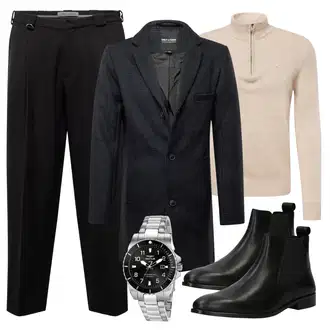 Laufen Outfit mit Schwarz Chelsea Boot/Flache Stiefelette/Lederjacke About You "Casual Business Outfit"Look: Skating, Reiten, Laufen